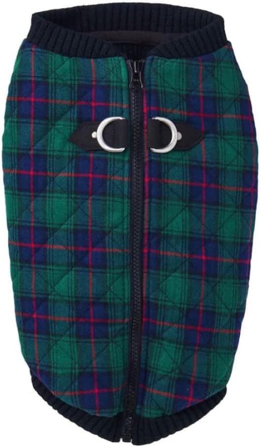 Gooby Fashion Vest Check Dog Jacket - Green Check, X-Small - Warm Zip Up Dog Bomber Vest with Dual D Ring Leash Water Resistant for Small to Medium Dogs