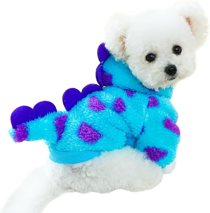Dinosaur Dog Clothes for Small Dog Girl Boy, Fleece Winter Puppy Hoodies with Leash Ring, Cold Weather Coat for Cat, Funny Dinosaur Costume for Christmas Halloween. (Blue-2, X-Small)