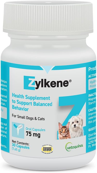 Vetoquinol Zylkene - Calming Oral Capsule for Small Cats & Dogs 11–22 lb - For Behavior & Occasional Anxiety - Perfect for Boarding, Vet Visits & Celebrations - Non-Drowsy & Lactose-Free - 30 Capsules