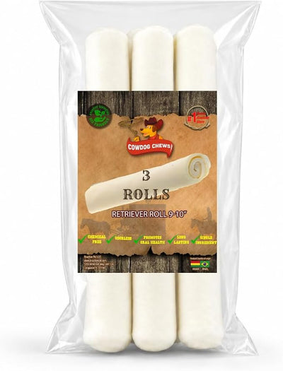 Cowdog Chews Retriever Roll 9-10 inch All Natural Rawhide Dog Treat (3 Pack)