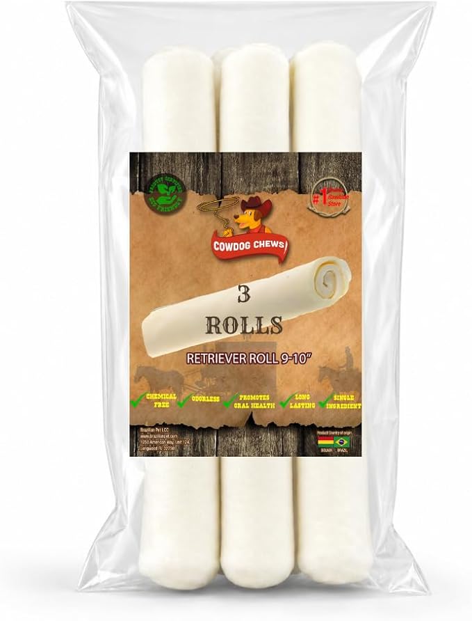 Cowdog Chews Retriever Roll 9-10 inch All Natural Rawhide Dog Treat (3 Pack)