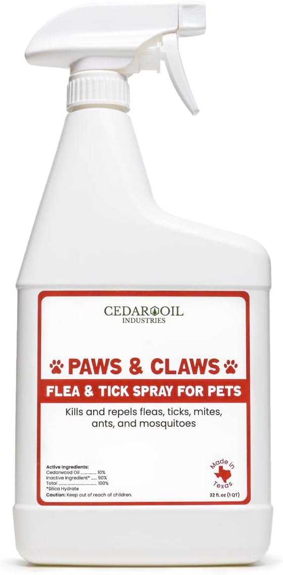Paws and Claws Pet Spray - Natural Flea and Tick Repellent with Cedar Oil - 32 Ounce