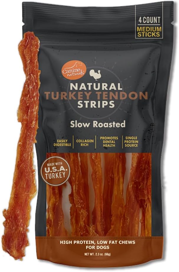 Canine Naturals Turkey Tendon Strips for Dogs - Rawhide-Free, Natural Dog Chews - USA-Sourced, Slow-Roasted, Single Protein for Sensitive Stomachs & Chicken Allergies -, 3 oz Bag