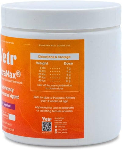 Vetr's Toltramax 2.5% Toltrazuril Powder for Dogs, Cats, Horses, Anti-Coccidia, Antiprotozoal Agent, Safe for Puppies, Kittens, and Pregnant Animals, 100g (Beef Flavored)