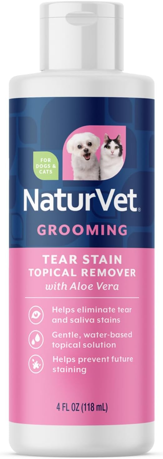 NaturVet – Tear Stain Topical Remover Plus Aloe – 4 oz | Eliminates Unsightly Tear & Saliva Stains | Gentle, Water-Based Formula | for Dogs & Cats