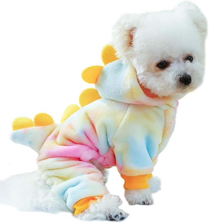 Dinosaur Dog Clothes for Girl Boy Puppy, Fleece Winter Puppy Hoodies with Leash Ring, Funny Dog Dinosaur Costume for Christmas Halloween. (Yellow, Large)