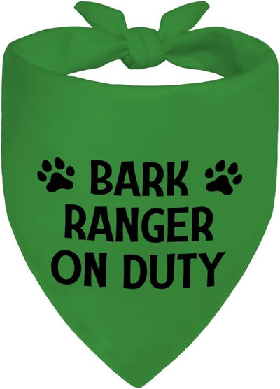 Bark Ranger On Duty Green Dog Bandana, Funny Puppy Scarf Photo Prop for Outdoor Adventure Hiking Camping Mountain, Christmas Birthday Gifts for Pet Lover, Gifts for Ranger, Dog Scouts Scarf