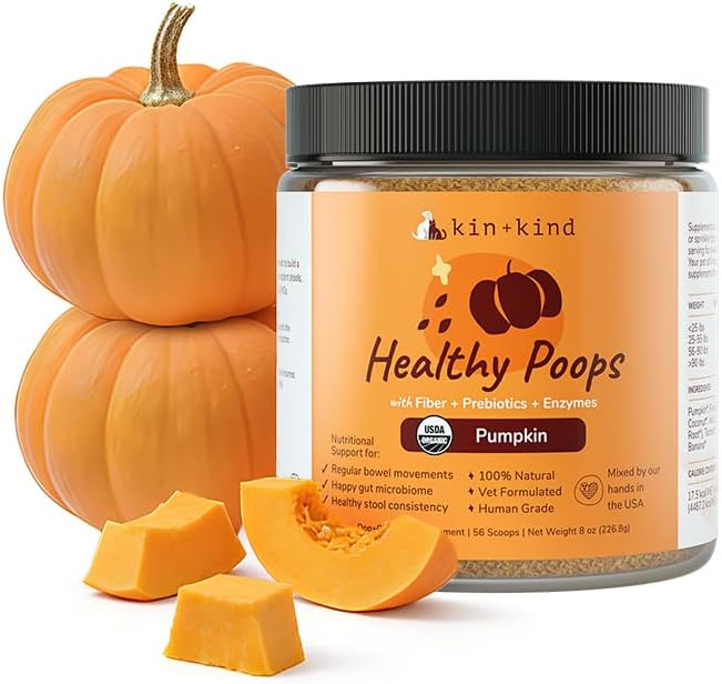 kin+kind Healthy Poops – USDA Organic Pumpkin Powder for Dogs and Cats – Prebiotic Pumpkin Powder, Supports Probiotic Activity – 8 oz
