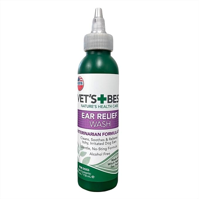 Vet's Best Dog Ear Relief Wash, Natural Ear Cleaner for Dogs with Aloe, Chamomile & Tea Tree Oil, Itch, Odor & Irritation Relief, Gentle Cleaning Solution, Vet Formulated, Made in USA, 4 fl oz