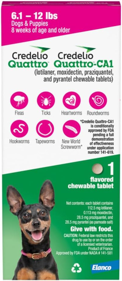 Credelio Quattro / Credelio Quattro-CA1 Dog Flea & Tick Treatment + Heartworm & Parasite Coverage, 6.1-12 lbs (1 Chewable Tablet)