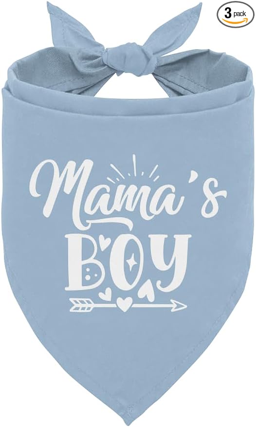 Mama’s Boy Dog Bandana, Funny Pet Triangle Scarf for Daily Walk Playdate Birthday Party Indoor or Outdoor Family Photo Outfit, Light Blue Neckerchief for Small Medium Dogs