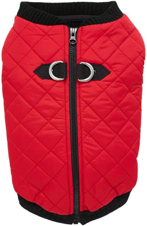Gooby Fashion Vest Dog Jacket - Red, Medium - Warm Zip Up Bomber Vest with Dual D Ring Leash - Winter Water Resistant Small Dog Sweater