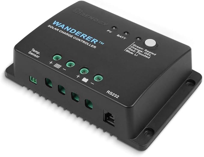 Renogy Wanderer Li 30A 12V PWM Negative Ground Solar Charge Controller Solar Panel Regulator w/ Temp Sensor Function Fit for Lithium, Sealed, Gel, and Flooded Batteries, Wanderer Li 30A