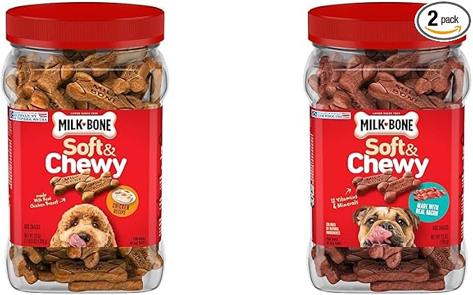 Milk-Bone Soft & Chewy Dog Treats Bundle: Chicken Recipe 25 Ounce + Real Bacon 25 Ounce
