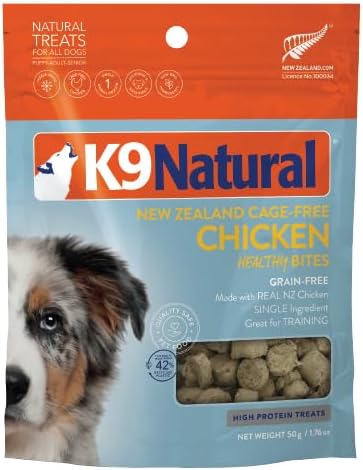 K9 Natural, Freeze-Dried Single Ingredient Dog Treats, High-Value, Low-Calorie Protein Bites for Active Dogs, Healthy Dog Training Treats, Grain-Free Reward, Chicken, 1.76oz