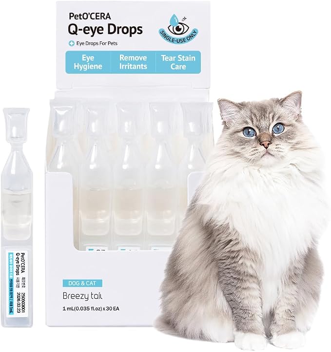 Breezytail PetO’Cera Q-Eye, Lubricating Eye Drops, Daily Moisture for Dry Eyes, Gently Flushes Irritants & Tear Stains, Vet-Approved for Dogs & Cats, 1ml*30ea