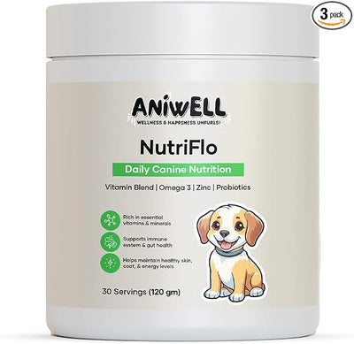 NutriFlo Dog Vitamins & Supplements – 10-in-1 Dog Multivitamin for Gut Health, Hip & Joint, Immune Support, Skin & Coat, Dental Health & Longevity | Daily Dog Supplement for All Breeds (Pack of 3)
