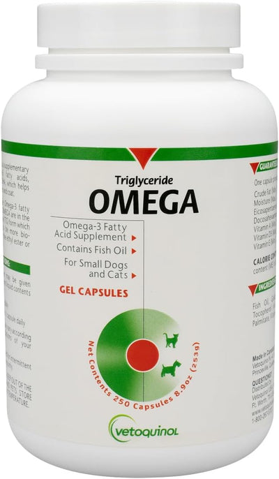Vetoquinol Triglyceride Omega - Fish Oil for Dogs & Cats - Supports Healthy Skin, Coat & Normal Immune Response - Supplement with Vitamin Blend for Heart, Eye, Bone & Muscle Support - 250 Capsules