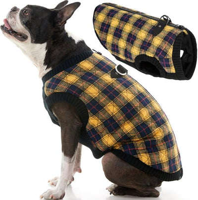 Gooby Fashion Vest Check Dog Jacket - Yellow Check, Medium - Warm Zip Up Dog Bomber Vest with Dual D Ring Leash Water Resistant for Small to Medium Dogs