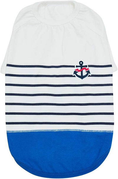 Blueberry Pet Soft & Comfy Summer Vacation Beach Cotton Dog T-Shirt in Blue Stripes, Sea Lover Shirt Tank Top Clothes, Back Length 16", for Medium Large Dogs