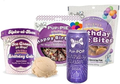 The Lazy Dog Cookie Co. Ultimate Birthday Celebration Kit for Dogs. Includes Special Day Pie, Bag of Birthday Cake Bites, Make at Home Ice Cream and Can of the Newly Released Pup-Pop