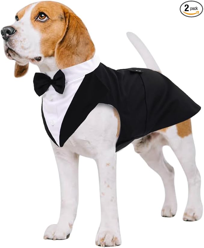 Kuoser Dog Tuxedo Dog Suit and Bandana Set, Dogs Tuxedo Wedding Party Suit, Doggy Prince Bow Tie Shirt Formal Pet Wedding Attire for Small Medium and Large Dogs Golden Retriever Samo Bulldogs