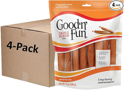 Good 'n' Fun Triple Flavor Ribs Chews for All Dogs, Treat Your Dog to Long-Lasting Chews Made with Beef Hide, Chicken and Pork Hide, 12 Ounces