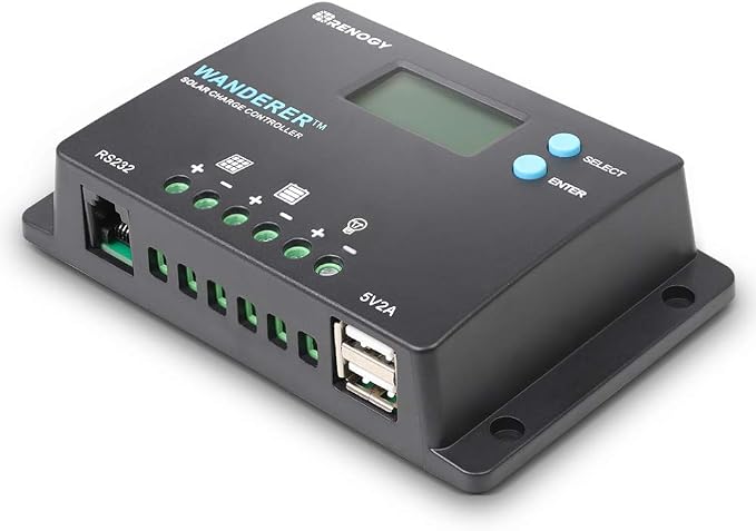 Renogy 10 Amp 12V/24V PWM Negative Ground Solar Charge Controller Compact Design w/LCD Display for AGM, Gel, Flooded and Lithium Battery, Wanderer 10A