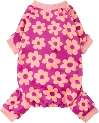 Fitwarm Flower Fleece Dog Pajamas, Warm Winter Dog Clothes for Small Dogs Girl, Cozy Pet Onesie with Feet, Pink, XXL