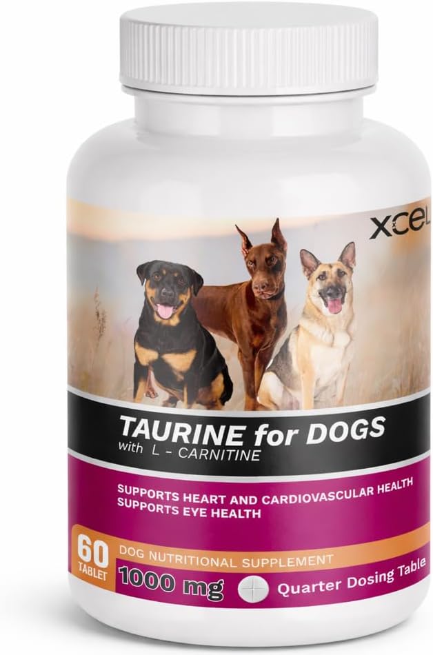 XCEL Taurine for Dogs 1000 mg Supplement with L-Carnitine, Quarter Scored Tablets (250 mg Split), Up to 240 Servings, Supports Heart, Eye & Energy Health