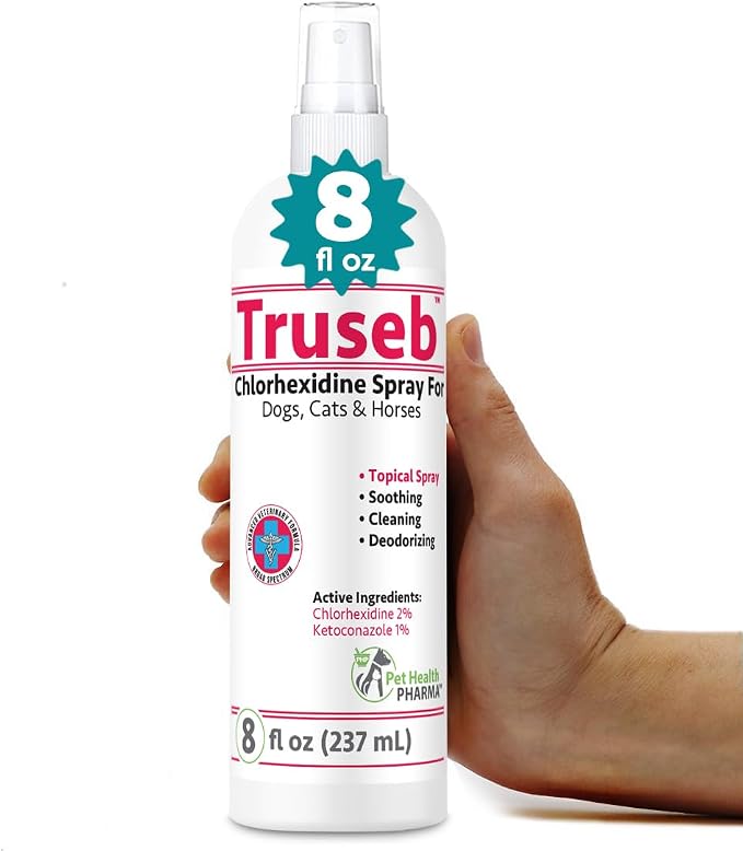 Truseb Medicated Chlorhexidine for Dogs Cats Horses Skin Spray with Aloe Vera - Medicated Ketoconazole Spray for Skin Irritation, Hot Spots, Redness Relief (8 oz)