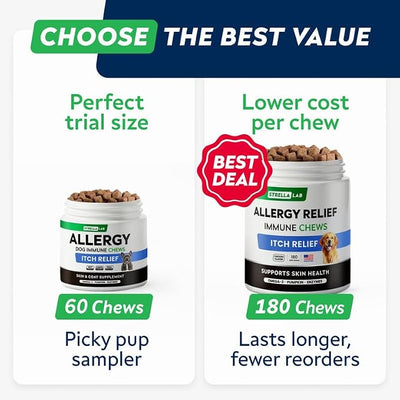 StrellaLab Dog Allergy Relief & Anti Itch Support Chews w/Omega 3: Real Ingredients, Real Taste! Skin & Coat Immune w/Fish Oil, Pumpkin & Enzymes — Developed by Experts - Made in USA - 60Ct