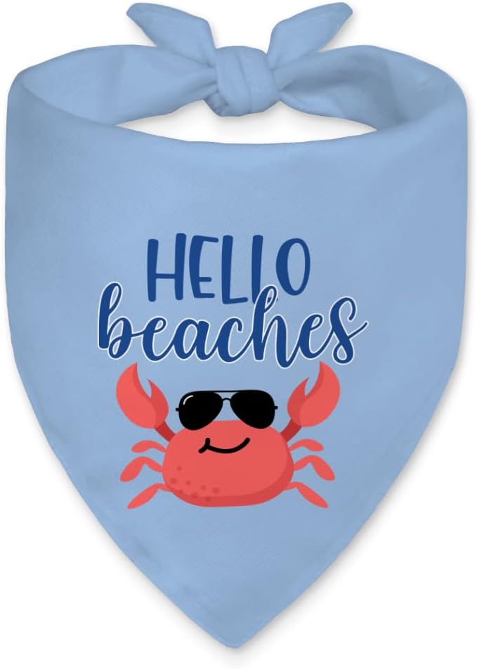 Hello Beaches Funny Dog Bandana, Summer Crab Dogs Costume for Boy Girl, Blue Outdoor Ocean Beach Vacation Pet Scarf Accessories, Nautical New Pet Birthday Gifts for Dogs Lovers Crab Lovers