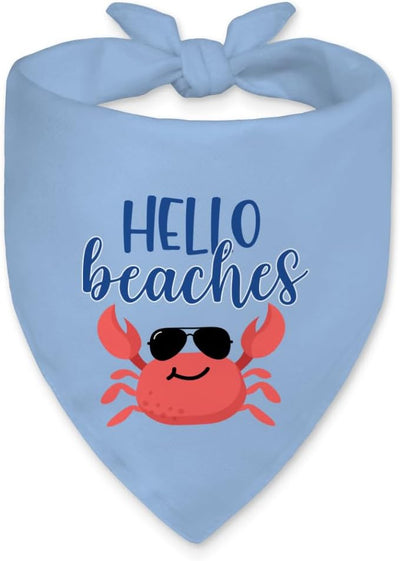 Hello Beaches Funny Dog Bandana, Summer Crab Dogs Costume for Boy Girl, Blue Outdoor Ocean Beach Vacation Pet Scarf Accessories, Nautical New Pet Birthday Gifts for Dogs Lovers Crab Lovers