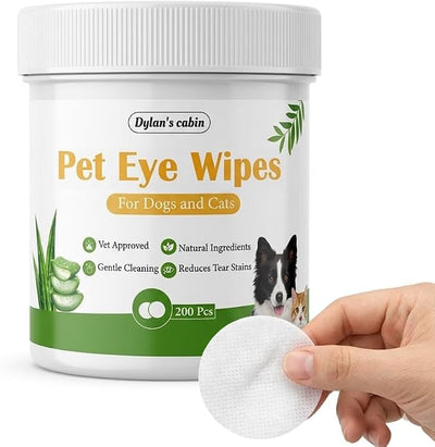 Dylan's cabin Eye Wipes for Cats - 200 Count Soft Round Dogs Eye Cleaning Pads, Alcohol Free pH Balanced Daily Tear Stain Wipes Remove Discharge and Crust