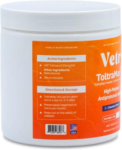 Vetr's Toltramax Toltrazuril Powder for Horses, Dogs, Cats, 100g (2.5%, Cinnamon)