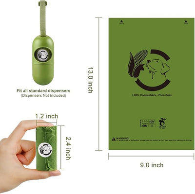 Certified Compostable Dog Poop Bags, 120 Count Landfill Friendly and Leakproof Waste Bags, Easy Open Unscented Forest Green Poop Bag for Dog, 15 Doggy Bags Per Roll (8 rolls)