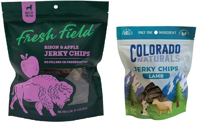Fresh Field Bison & Apple Jerky Chips, 14 oz and Colorado Naturals Lamb Jerky Chips Dog Treats, 6 oz – All-Natural Dog Treats, USA Made, Ideal for Picky or Allergy-Prone Pets