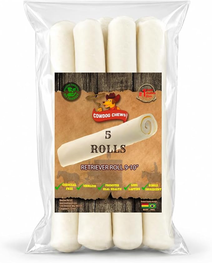 Cowdog Chews Retriever Roll 9-10 inch All Natural Rawhide Dog Treat (5 Pack)