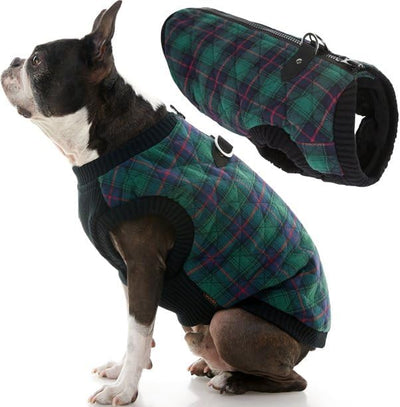 Gooby Fashion Vest Check Dog Jacket - Green Check, X-Small - Warm Zip Up Dog Bomber Vest with Dual D Ring Leash Water Resistant for Small to Medium Dogs
