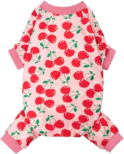 Fitwarm Cute Cherry Dog Pajamas, Warm Dog Onesie with Feet, Dog Clothes for Small Dogs Girl, Fleece Pet Outfit, Pink, Red, Small