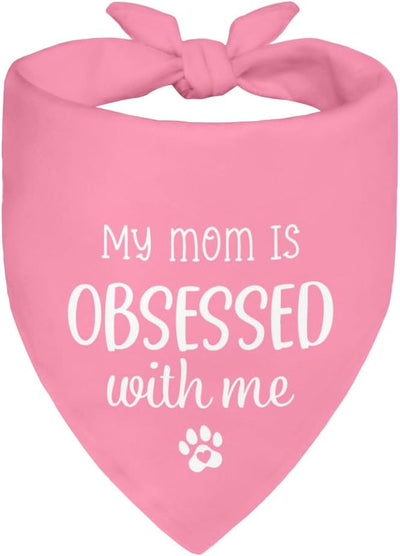 My Mom is Obsessed with Me Pink Dog Bandana, Cute Pet Scarf Accessories Photo Prop for Mother's Day, Dogs paw Printing Bandanas Decor, Christmas Birthday Gifts for Puppy Owner Dog Mom