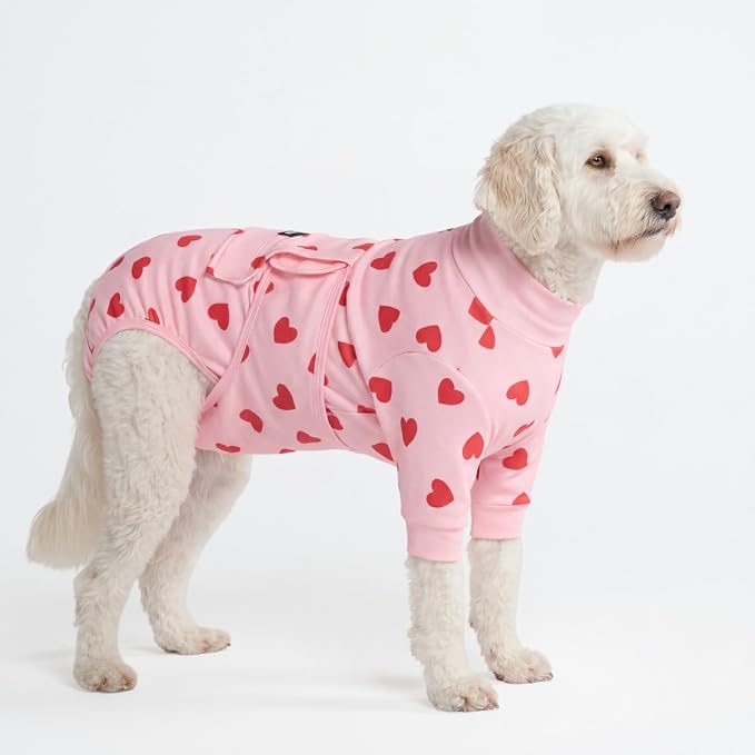 Spark Paws Dog Surgery Recovery Suit – Dog Recovery Suit After Surgery, Anti-Lick Dog Onesie, Abdominal Wound Protector, Soft Cone Alternative for Spay Neuter Male Female Pet Recovery, Pink Hearts,2XL