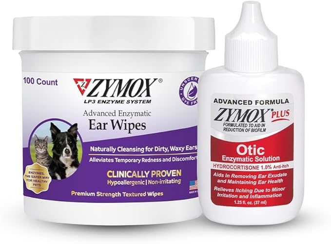 Zymox Enzymatic Ear Wipes and Otic Plus Advanced Ear Solution for Dogs and Cats - Product Bundle - for Dirty, Waxy, Smelly Ears and to Soothe Ear Infections, 100 Count Wipes and 1.25oz Bottle