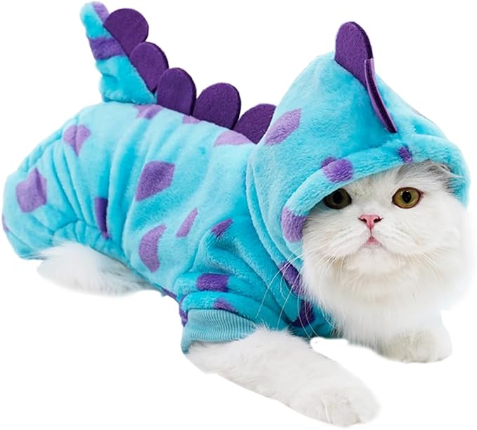 Dinosaur Dog Clothes for Small Dogs - Fleece Winter Puppy Hoodies with Leash Ring, Cat Coat, Funny Dinosaur Costume for Christmas, Halloween (Blue, Small)