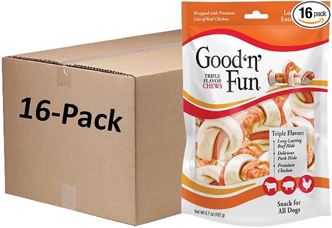 Good ‘n’ Fun Triple Flavor 4-Inch Bones for All Dogs, 6 Count, Treat Your Dog to Long-Lasting Chews Made with Beef Hide, Pork Hide and Chicken