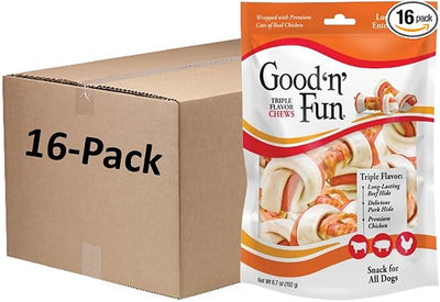 Good ‘n’ Fun Triple Flavor 4-Inch Bones for All Dogs, 6 Count, Treat Your Dog to Long-Lasting Chews Made with Beef Hide, Pork Hide and Chicken