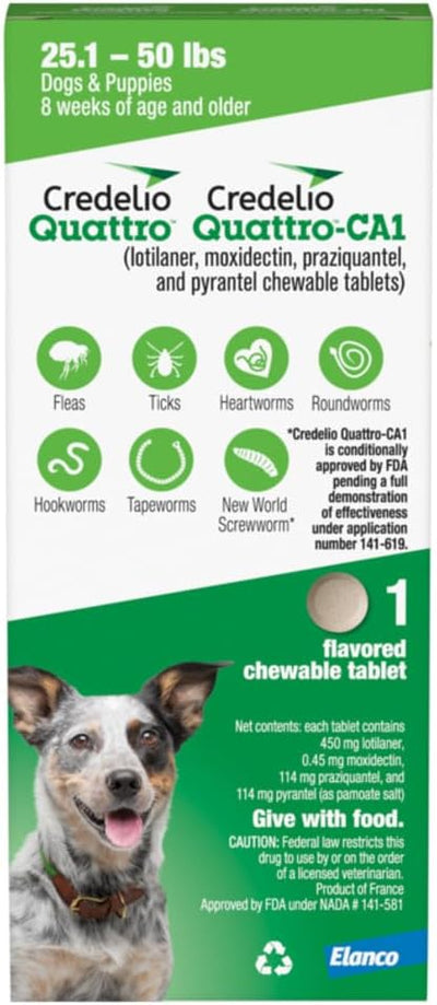 Credelio Quattro / Credelio Quattro-CA1 Dog Flea & Tick Treatment + Heartworm & Parasite Coverage, 25.1-50 lbs (1 Chewable Tablet)