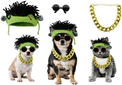Funny Punk Style pet Costume Set for Cats and Small Dogs - Adjustable Hiphop Hat, Gold Necklace & Dog Sunglasses - Small Breed Halloween Costume, Hiphop Outfit & Clothes for Cats and Dogs