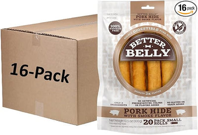 Better Belly Pork Hide Rolls with Smoke Flavor Small, 20 Count, Digestible Pork Hide for Dogs